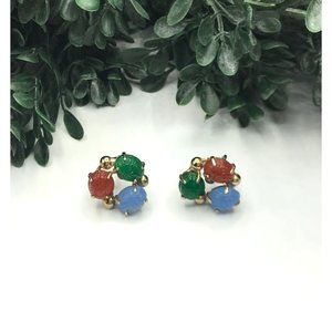 Vintage Gold Toned Screw Back Earrings With Three Glass Scarabs Blue Brown And G